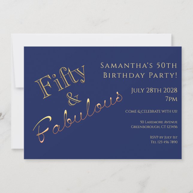 50th Birthday Navy Blue Gold Party Invitation (Front)