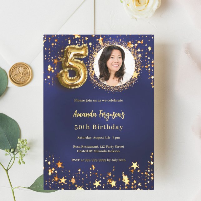 50th birthday navy blue gold stars photo invitation (Creator Uploaded)