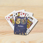 50th birthday navy blue gold stars photo playing cards<br><div class="desc">50th Birthday Navy Blue & Gold Stars Custom Photo Playing Cards Celebrate 50 in sparkling style! This elegant uneven coloured navy blue wine label with faux gold stars is the perfect personalized touch for your milestone celebration. Featuring space for your custom photo, name, age, date, Details: • Customize with your...</div>