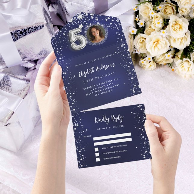 50th Birthday navy blue photo silver stars rsvp All In One Invitation (Creator Uploaded)