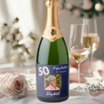 50th Birthday navy blue photo Sparkling Wine Label<br><div class="desc">A navy blue background. The blue colour is uneven. Personalize and add a date,  name and a photo.  Age number written with a faux silver looking balloon style font.</div>