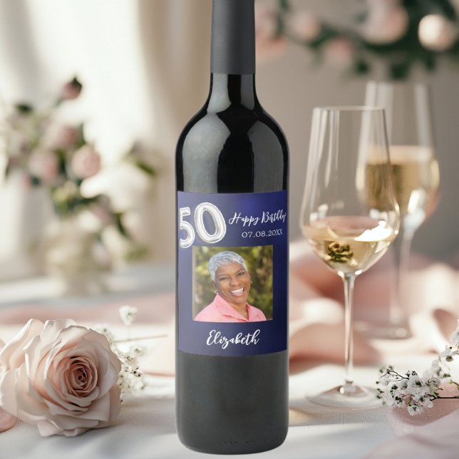 50th Birthday navy blue photo Wine Label (Creator Uploaded)