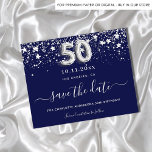 50th birthday navy blue silver budget save date flyer<br><div class="desc">Please note that this Save the date is on flyer paper and very thin. Envelopes are not included. For thicker Save the Date card (same design) please visit our store. A girly and trendy Save the Date card for a 50th birthday party. A navy blue coloured background. Decorated with faux...</div>