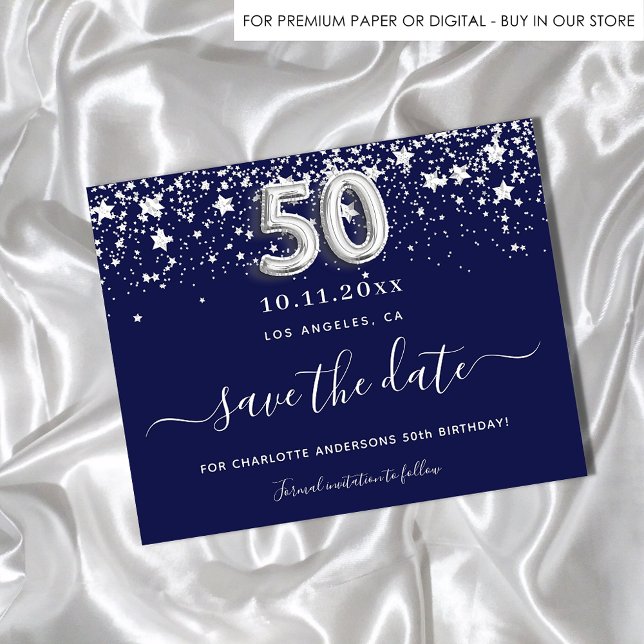 50th birthday navy blue silver budget save date flyer (Creator Uploaded)
