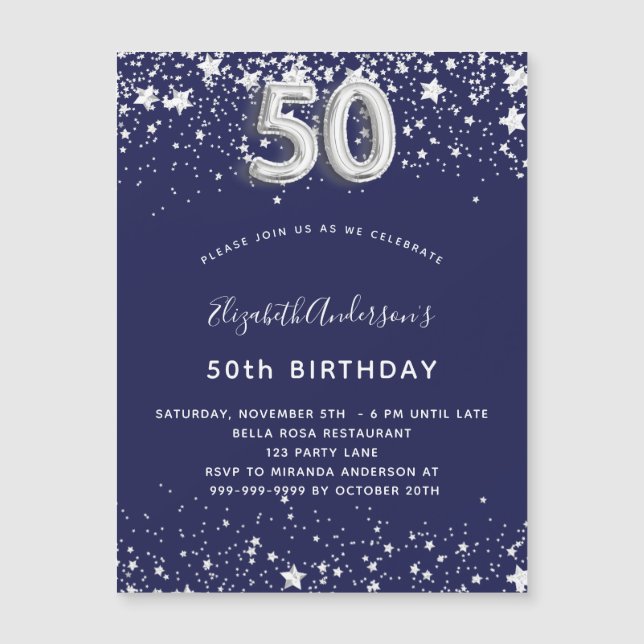 50th birthday navy blue silver invitation magnet (Front)
