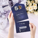 50th Birthday navy blue silver photo rsvp All In One Invitation<br><div class="desc">A navy blue background. The blue colour is uneven.  Personalize and add a photo,  name,  party details,  RSVP date,  return address and name.  Number 50 is written with a balloon style font in faux silver.</div>