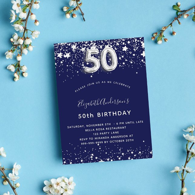 50th birthday navy blue silver stars glamourous invitation (Creator Uploaded)