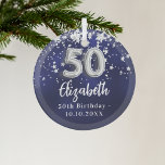 50th birthday navy blue silver stars glass ornament<br><div class="desc">A navy blue background colour with faux silver stars. The blue colour is uneven.  Add your name,  text/date</div>