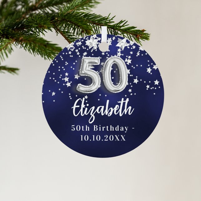 50th birthday navy blue silver stars metal ornament (Creator Uploaded)