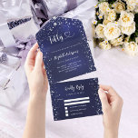 50th Birthday navy blue silver stars rsvp All In One Invitation<br><div class="desc">A navy blue background,  decorated with stars. The blue colour is uneven.  Personalize and add name,  party details,  RSVP date,  return address and name. Fifty is written with a heart.</div>