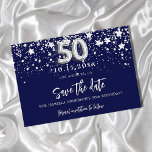 50th birthday navy blue silver stars save the date announcement postcard<br><div class="desc">A girly and trendy Save the Date card for a 50th birthday party. A navy blue coloured background. Decorated with faux silver stars. The text: Save the Date is written with a large trendy hand lettered style script. Number 50 is written with a balloon style font.</div>