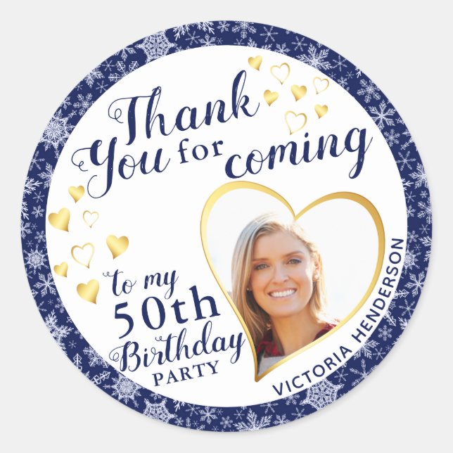  50th Birthday Navy Blue White Winter Thank You Classic Round Sticker (Front)