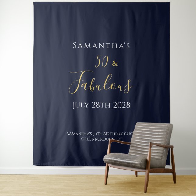 50th Birthday Navy Gold 50 and Fabulous Tapestry (In Situ)