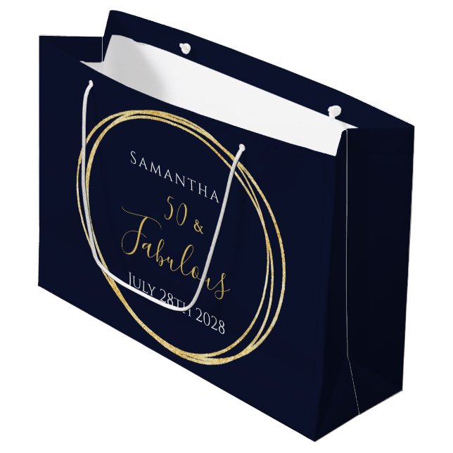 50th Birthday Navy Gold Personalized Party Favour Large Gift Bag (Front Angled)