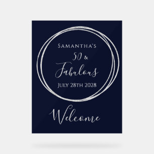 50th Birthday Navy Silver Birthday Welcome Acrylic Sign