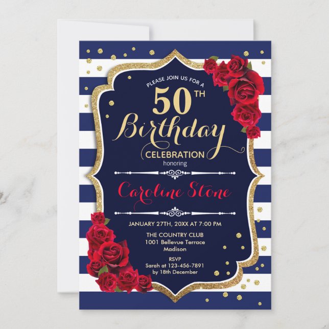 50th Birthday - Navy White Stripes and Red Roses Invitation (Front)