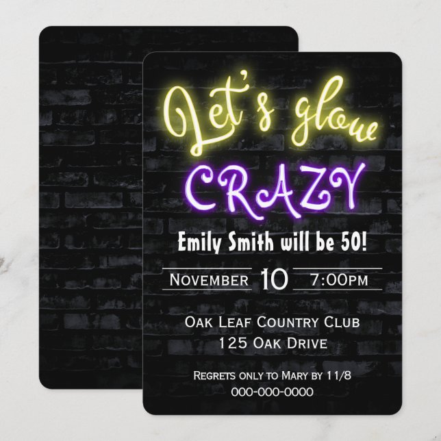 50th Birthday Neon Glow Sign  Invitation (Front/Back)