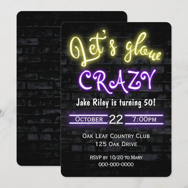 50th Birthday Neon Glow Sign on Brick Wall Invitation (Front/Back)