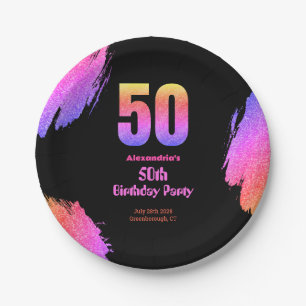50th birthday neon pink glitter party paper plate