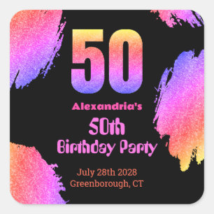 50th birthday neon pink glitter party square sticker