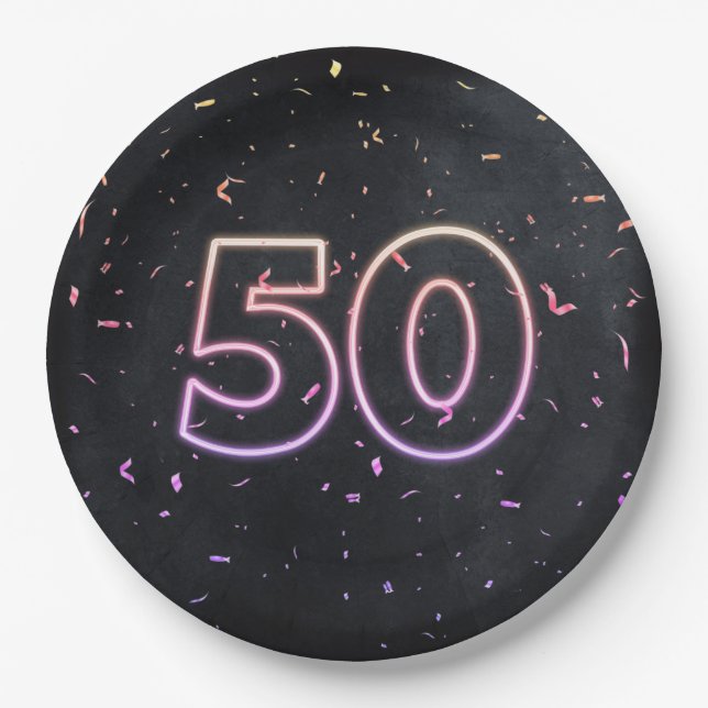 50th Birthday Neon Sign On Black Paper Plate (Front)