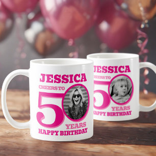 50th Birthday now and then photo name pink text Coffee Mug