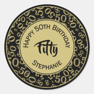 50th Birthday Number 50 Pattern Black and Gold Classic Round Sticker