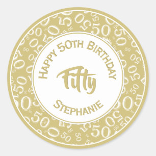 50th Birthday Number 50 Pattern Gold and White Classic Round Sticker