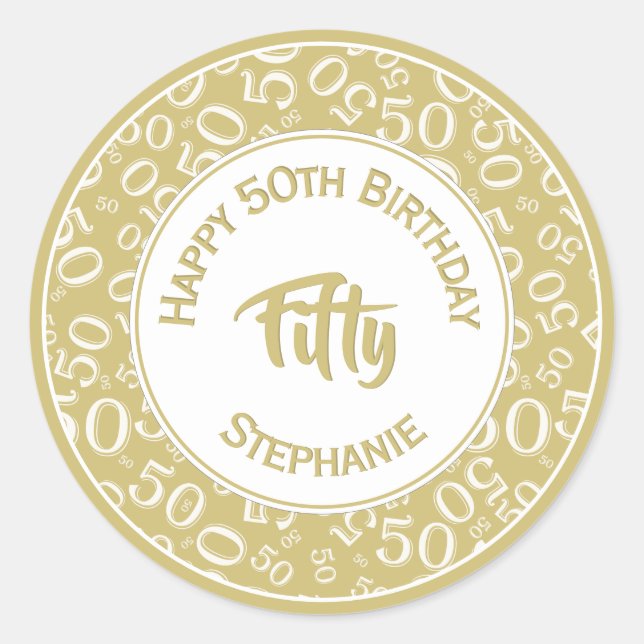 50th Birthday Number 50 Pattern Gold and White Classic Round Sticker (Front)