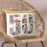 50th Birthday Number 50 Photo Collage Neutral Throw Pillow<br><div class="desc">Personalized 50th Birthday Gift. This custom decorative pillow has a neat photo collage shaped into a number 50 with neutral beige sand / muted yellow borders and bronze modern typography. The template is set up ready for you to add your photographs, working clockwise round each number as well as you...</div>