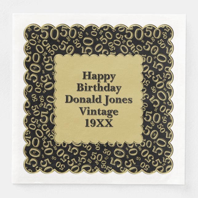 50th Birthday Number Pattern Scallops Black Gold Napkin (Front)