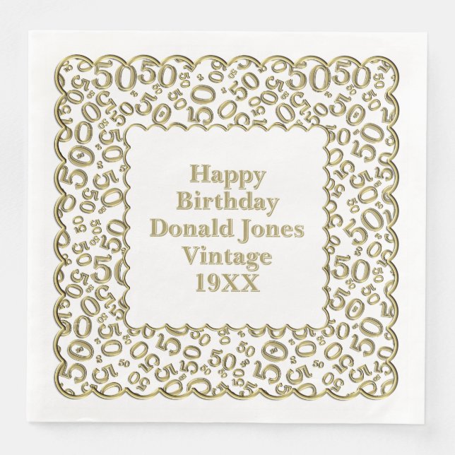 50th Birthday Number Pattern Scallops Gold/White Napkin (Front)