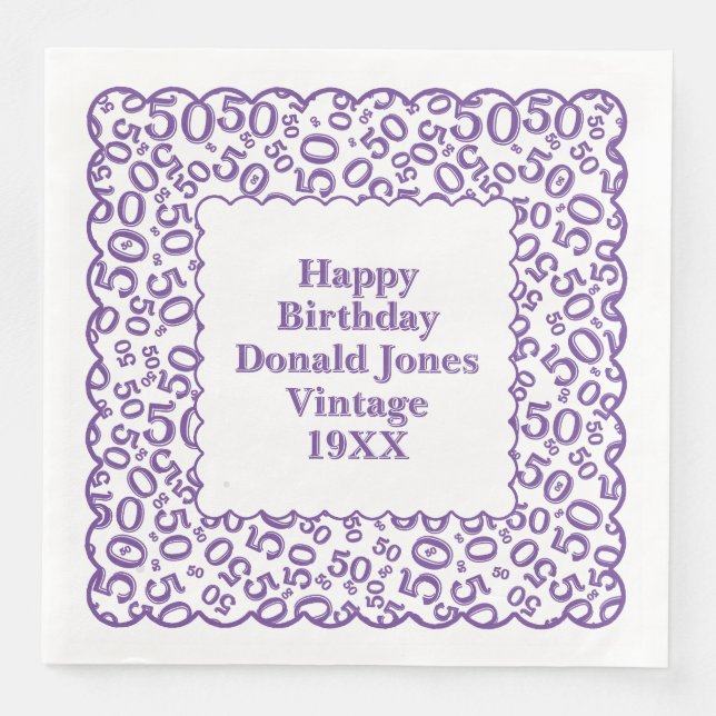 50th Birthday Number Pattern Scallops Purple/White Napkin (Front)