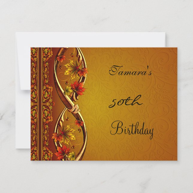 50th Birthday Old Gold Red Floral Elegant Invite (Front)