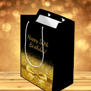 50th birthday on black with gold bow sparkle medium gift bag