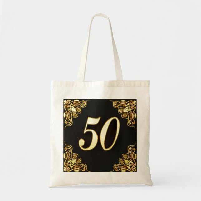 50th Birthday or Anniversary Regal Gold and Black Tote Bag (Front)