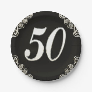 50th Birthday or Anniversary Regal Silver Black Paper Plate