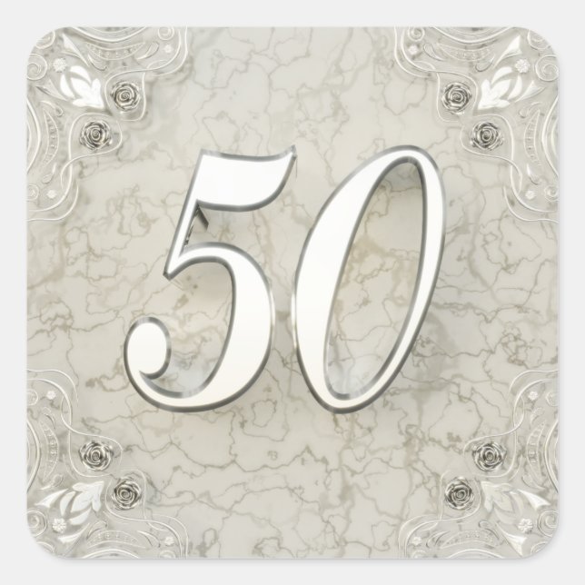 50th Birthday or Anniversary Regal Silver Marble Square Sticker (Front)