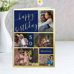 50th Birthday or Any Age 5 Photo Blue and Gold<br><div class="desc">Luxury gold foil birthday card which you can personalize with a name, any age and 5 photos on the front as well as a personalized birthday greeting inside. The photo template is set up to automatically create a photo collage of vertical portrait, horizontal landscape and square format pictures. If you...</div>