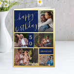 50th Birthday or Any Age 5 Photo Blue and Gold Foil Greeting Card<br><div class="desc">Luxury gold foil birthday card which you can personalize with a name, any age and 5 photos on the front as well as a personalized birthday greeting inside. The photo template is set up to automatically create a photo collage of vertical portrait, horizontal landscape and square format pictures. If you...</div>