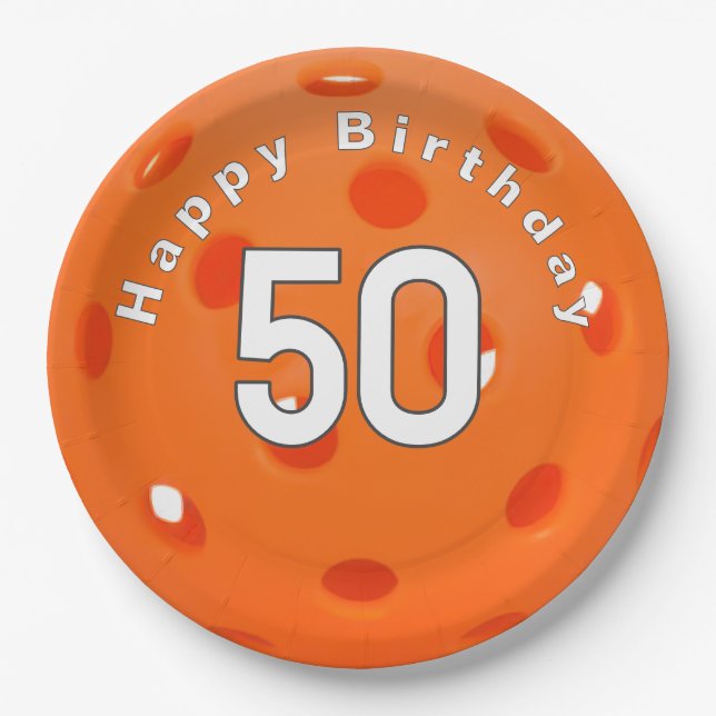 50th Birthday Orange Pickleball Paper Plate (Front)