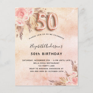 50th birthday pampas grass rose invitation