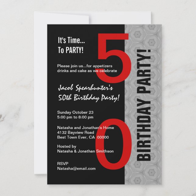 50th Birthday Part Modern Red Silver Black W1792 Invitation (Front)