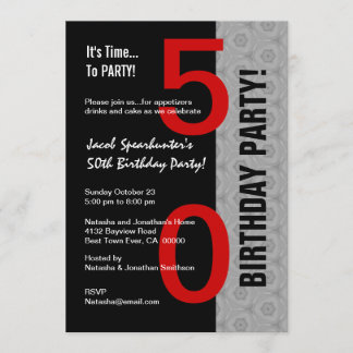 50th Birthday Part Modern Red Silver Black W1792 Invitation