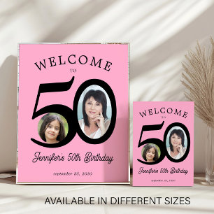 50th birthday party 2 photo black pink welcome poster