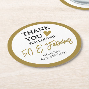 50th Birthday Party 50 & Fabulous Thank You Favour Round Paper Coaster