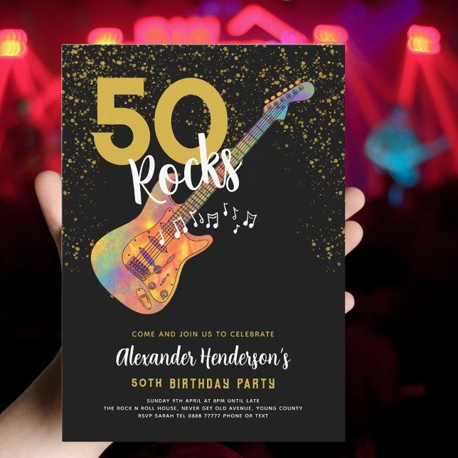 50th Birthday Party 50 Rocks Gold Glitter Invitation (50th birthday black and gold glitter 50 Rocks party invitation with funky psychedelic guitar music)