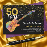 50th Birthday Party 50 Rocks Gold Glitter Invitation<br><div class="desc">50 Rocks rock and roll gold glitter 50th birthday party invitations with a cool electric guitar with funky colourful pattern and orange flame pick guard guitar art and musical notes illustration with personalized black and gold modern calligraphy typography. This easy to use template creates the perfect personalized invitation to celebrate...</div>