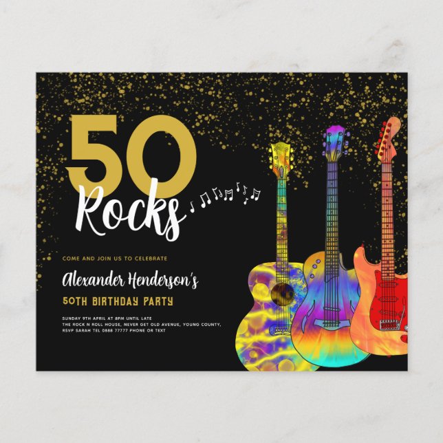 50th Birthday Party 50 Rocks Guitar Gold Glitter (Front)
