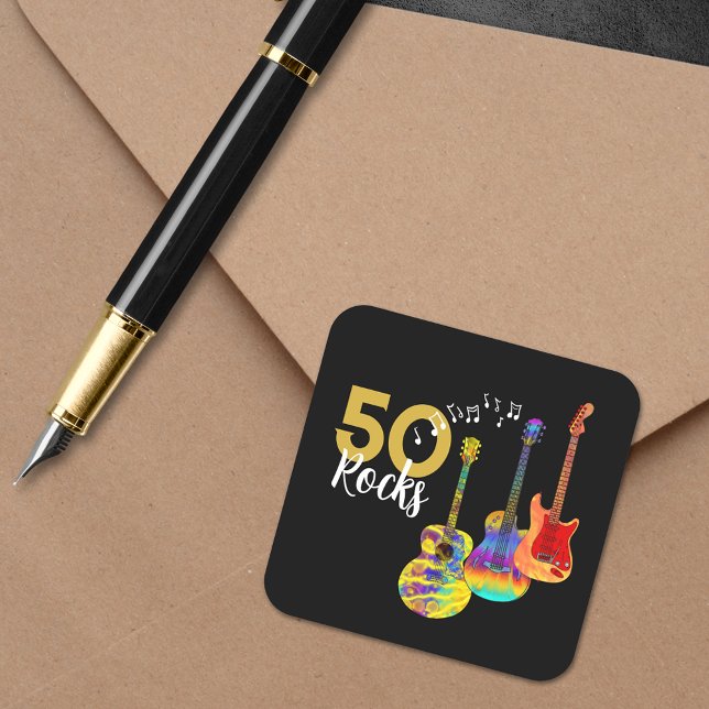 50th birthday party 50 rocks Guitar Square Sticker (Rock and roll 50th birthday party funky psychedelic guitars cool gold typography 50 rocks stickers)